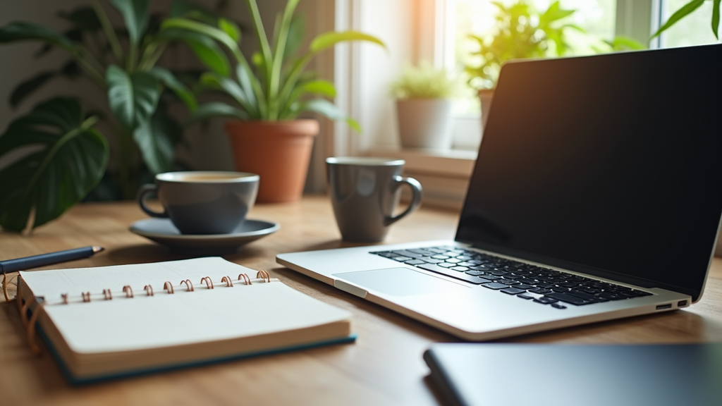 A cozy creative workspace with a laptop, notebook, and coffee cup