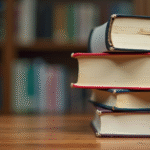 a-stack-of-books-on-a-wooden-desk-with-a-copyright-symbol-beside-them-
