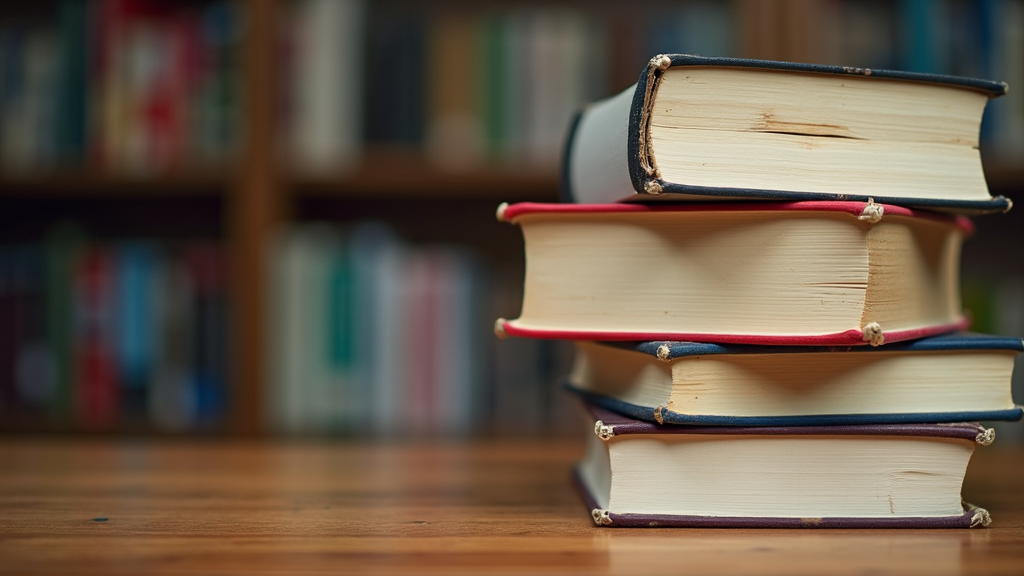 A stack of books on a wooden desk with a copyright symbol beside them.