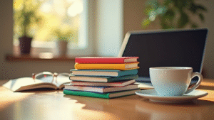 a-stack-of-colorful-books-on-a-bright-wooden-table-with-a-laptop-open-and-a-cup-of-coffee-sunlight-streaming-in-captures-the-energy-of-a-self-publishing-workspace