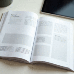 an-open-book-with-pages-arranged-in-different-layouts-surrounded-by-a-digital-tablet-and-a-print-proof-on-a-tidy-desk-