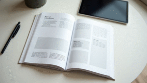 an-open-book-with-pages-arranged-in-different-layouts-surrounded-by-a-digital-tablet-and-a-print-proof-on-a-tidy-desk-