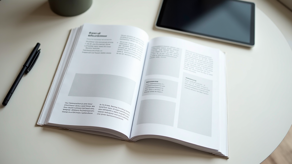 An open book with pages arranged in different layouts, surrounded by a digital tablet and a print proof, on a tidy desk.
