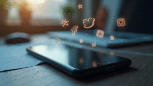 disengaged-smartphone-on-a-blank-table-with-various-social-media-icons-fading-into-the-background