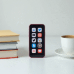 a-stack-of-books-next-to-a-smartphone-displaying-various-social-media-icons-on-a-clean-desk-with-a-cup-of-coffee-nearby-