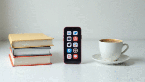 a-stack-of-books-next-to-a-smartphone-displaying-various-social-media-icons-on-a-clean-desk-with-a-cup-of-coffee-nearby-