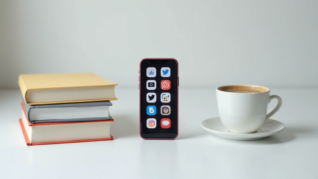 A stack of books next to a smartphone displaying various social media icons on a clean desk, with a cup of coffee nearby.