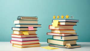 a-stack-of-colorful-books-with-sticky-notes-star-ratings-and-notebooks-representing-the-concept-of-book-reviews-and-book-marketing-strategies