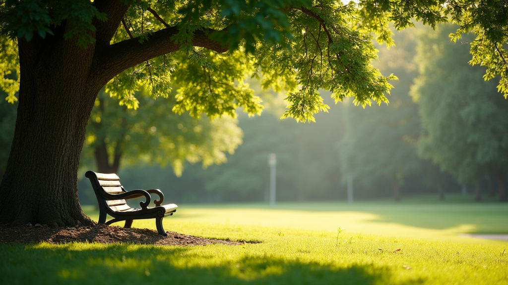 calm nature scene with a bench under a tree