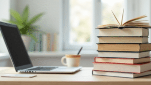 stack-of-books-pencils-and-a-laptop-on-a-desk-representing-self-publishing