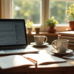 stack-of-books-with-a-laptop-and-coffee-cup-surrounded-by-opened-envelopes-and-digital-email-icons-on-a-sunny-desk-