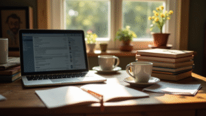 stack-of-books-with-a-laptop-and-coffee-cup-surrounded-by-opened-envelopes-and-digital-email-icons-on-a-sunny-desk-
